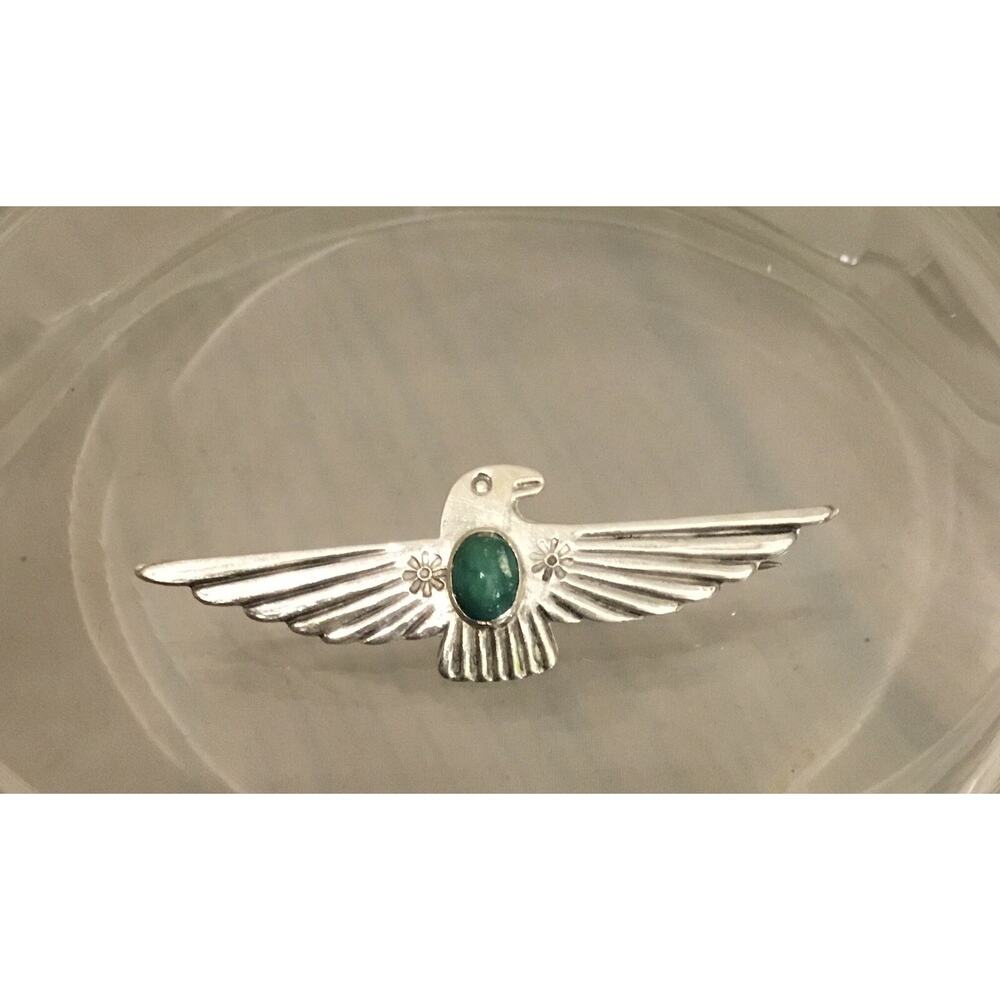 Fred Harvey Era Navajo Sterling Turquoise Thunderbird Hand Stamped PIN Native